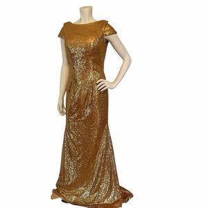 Babyonline Dress Gown Womens Gold Sequin Maxi Draped Low Back Cap Sleeve Medium